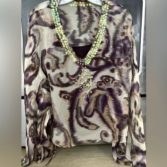 Y2K Silk Sheer Leopard Print w Wide sleeves and hand stitched beading- BOHO LUX - Picture 2 of 10